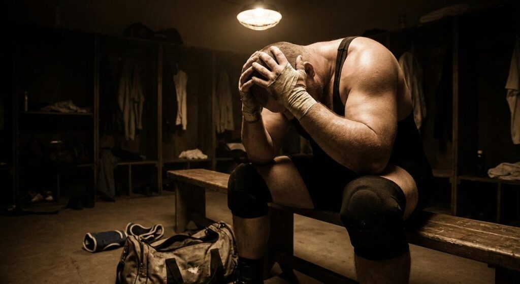 A wrestler showing signs of stress and burnout, highlighting the mental health risks associated with wwe steroids.
