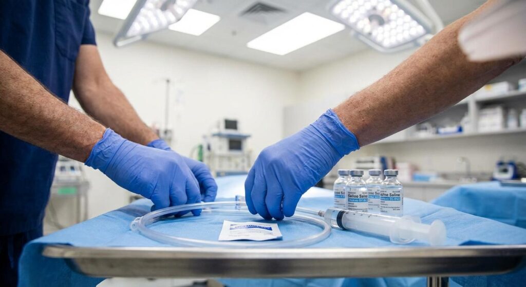 Medical supplies including a tube and saline prepared for a stomach pumping procedure.