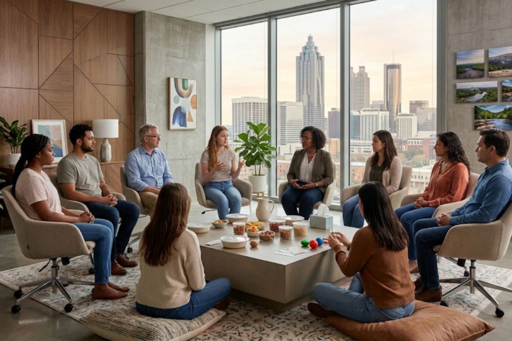 Group therapy session at Inner Voyage Recovery Center in Atlanta with diverse participants.