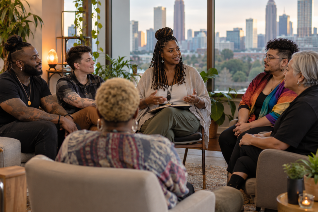 Support group session at Inner Voyage Recovery Center in Atlanta with diverse participants.