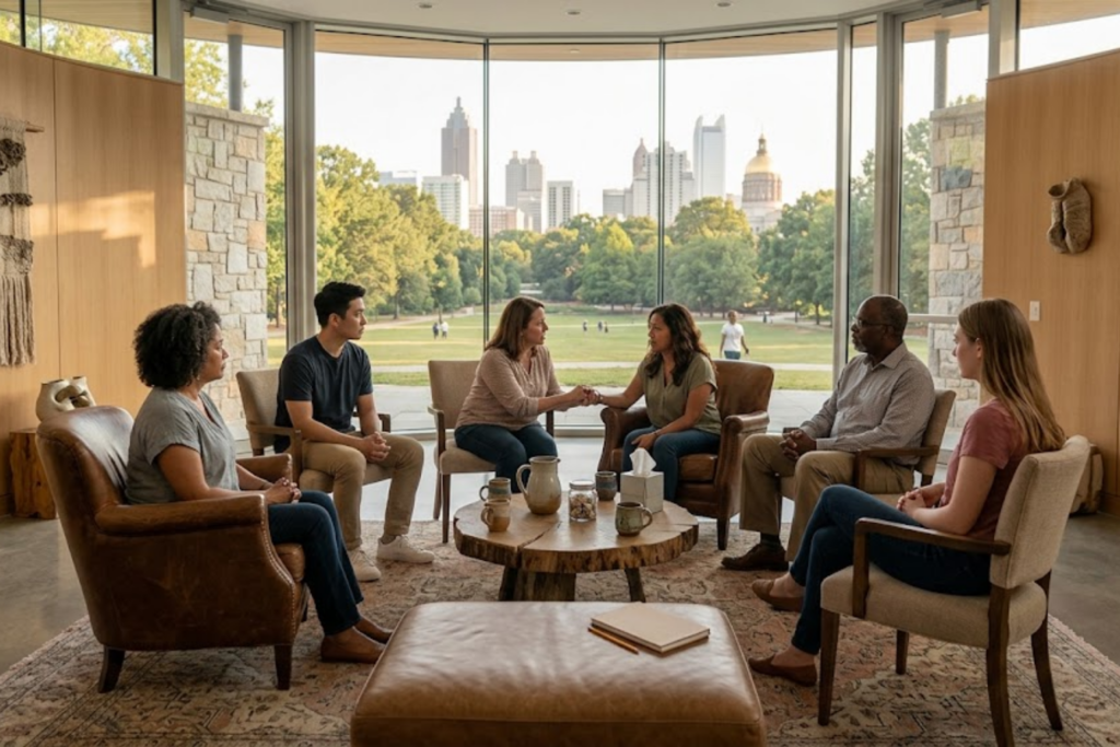 Group therapy session at Inner Voyage Recovery Center in Atlanta with diverse participants.