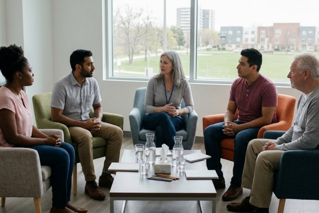 Group therapy session at Inner Voyage Recovery Center in Atlanta for mood disorder treatment.