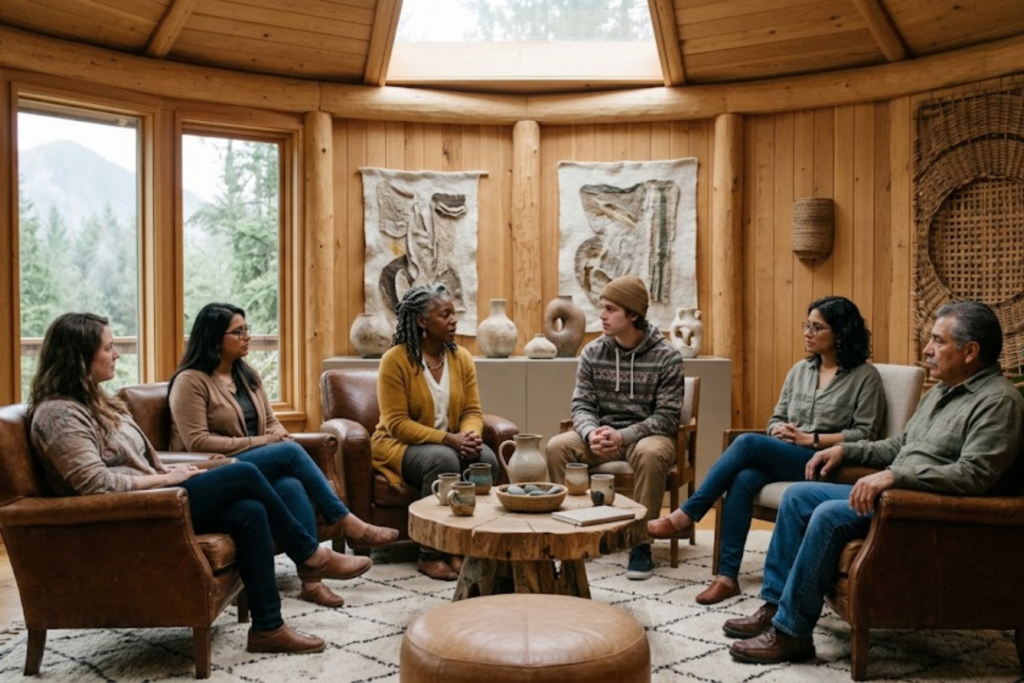 Group therapy session at Inner Voyage Recovery Center in a cozy, wood-paneled room.