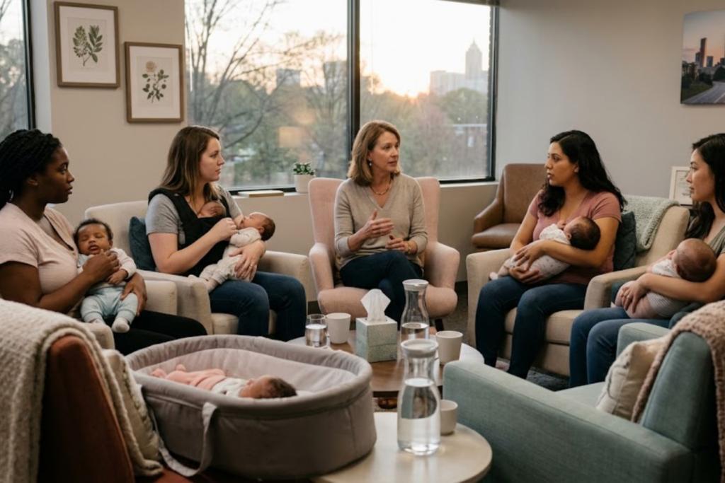 Support group session for postpartum depression in Atlanta at Inner Voyage Recovery Center.
