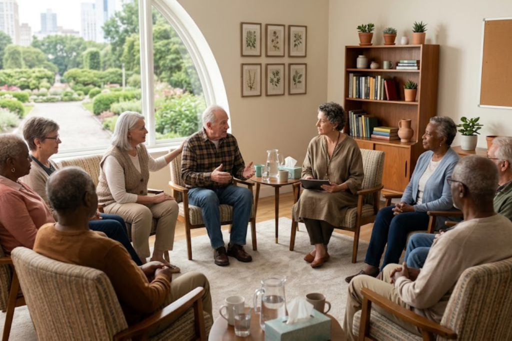 Senior group therapy session at Inner Voyage Recovery Center in Atlanta.