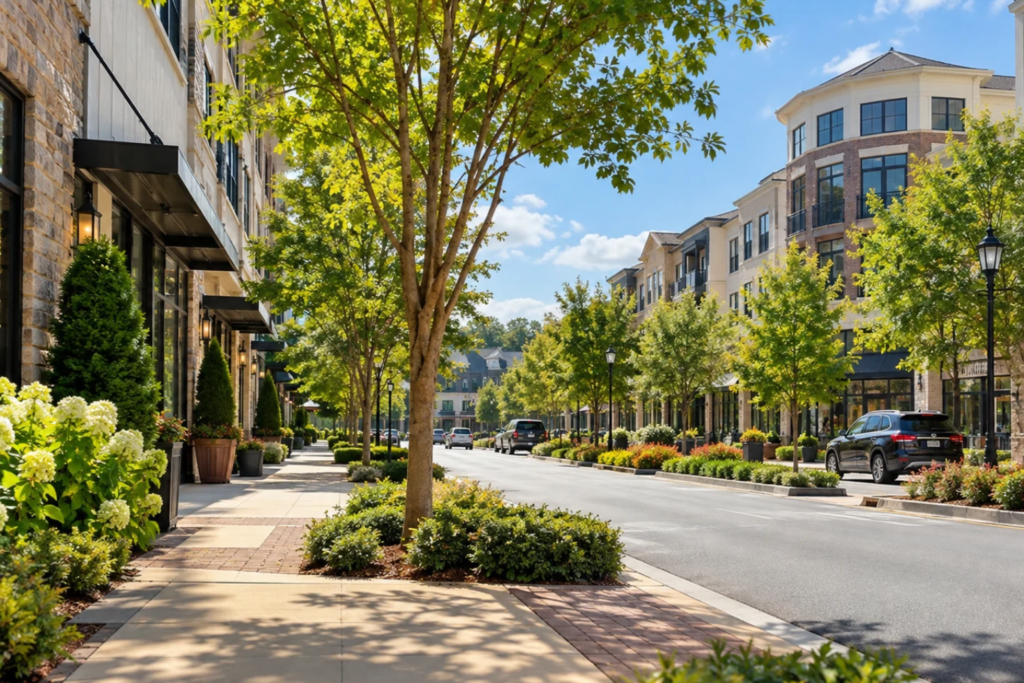 Street view of a suburban neighborhood with trees, sidewalk, and modern buildings.