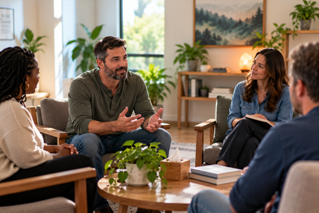 Therapist leading group therapy session at Inner Voyage Recovery Center in Atlanta.