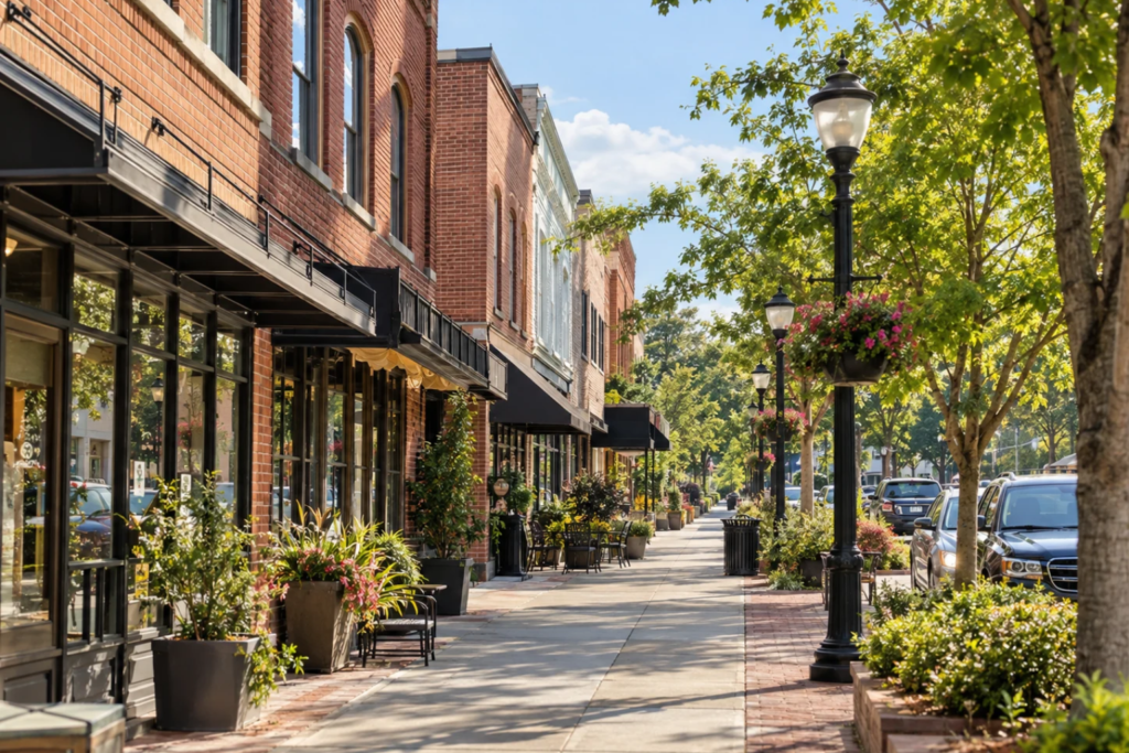 Colorful downtown street with brick storefronts and outdoor planters.