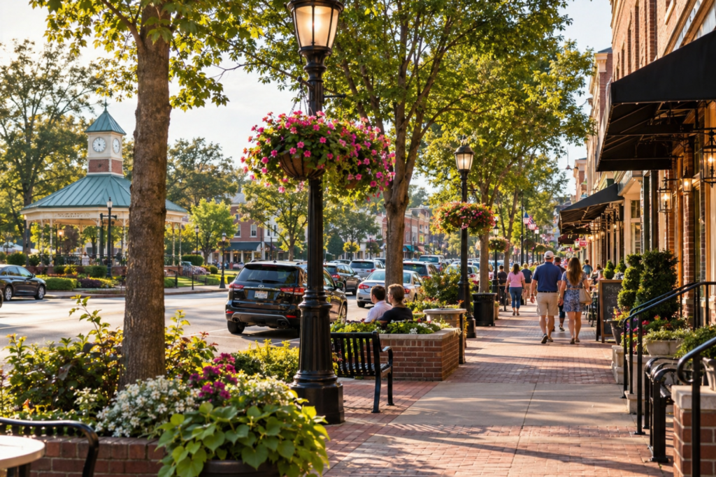 Downtown Norcross GA with tree-lined streets and historic buildings.
