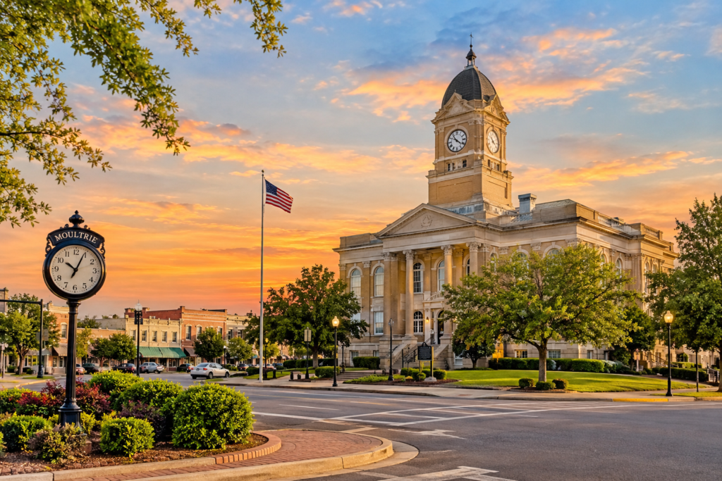 Historic courthouse in Moultrie GA at sunset with American flag and clock tower.