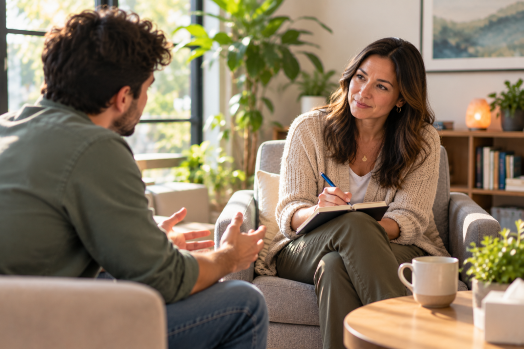 Therapist and client in a counseling session at Inner Voyage Recovery Center.
