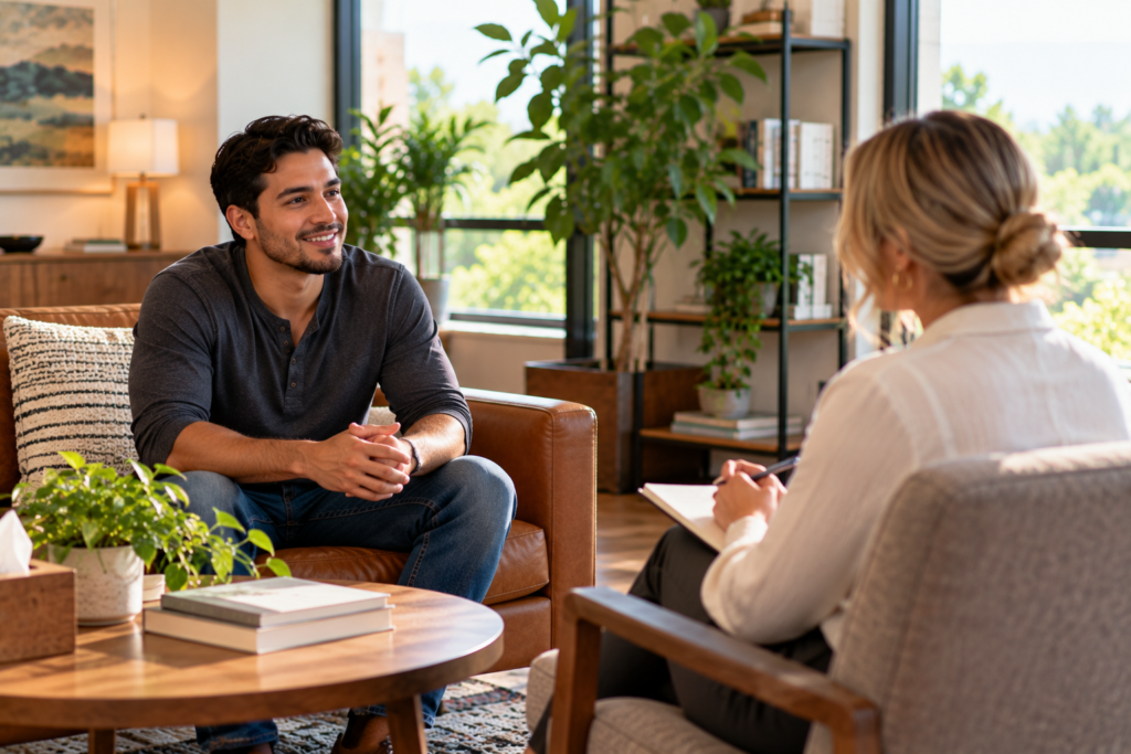 Therapist and client in a counseling session at Inner Voyage Recovery Center.