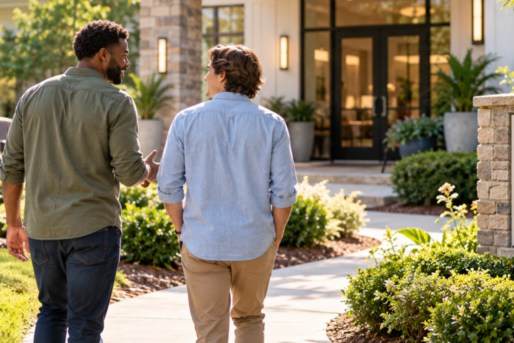 Two men walking and talking outside a rehab center in Atlanta.