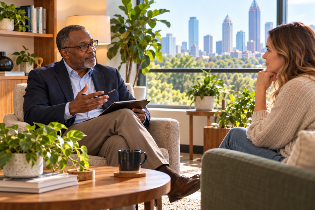 Therapist and client in a counseling session at Inner Voyage Recovery Center.