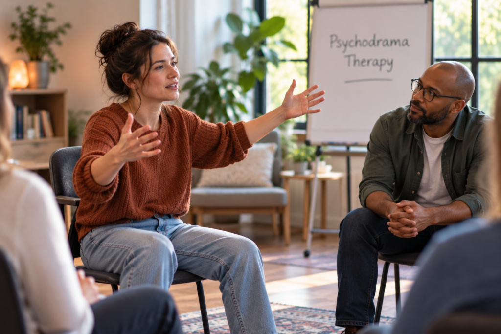 Woman leading psychodrama therapy session in a cozy, well-lit room.