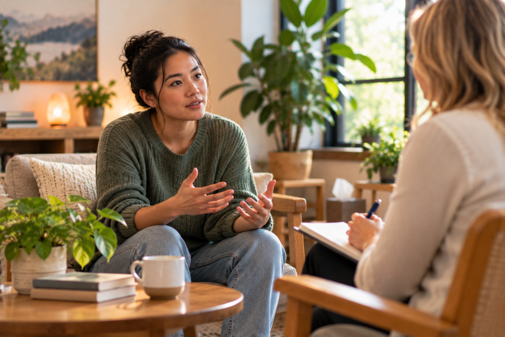 Therapist and client discussing relapse prevention strategies in a cozy office.